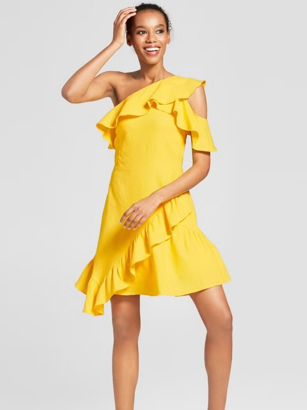 A New Day Linen Target Yellow One Shoulder Ruffle Dress